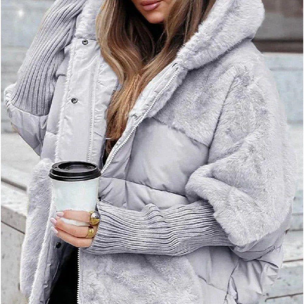 Women's Loose Cotton Coat Faux Fur Patchwork Winter Coat Comfort Chic Long Sleeve Hooded Jacket - StepByStepNow
