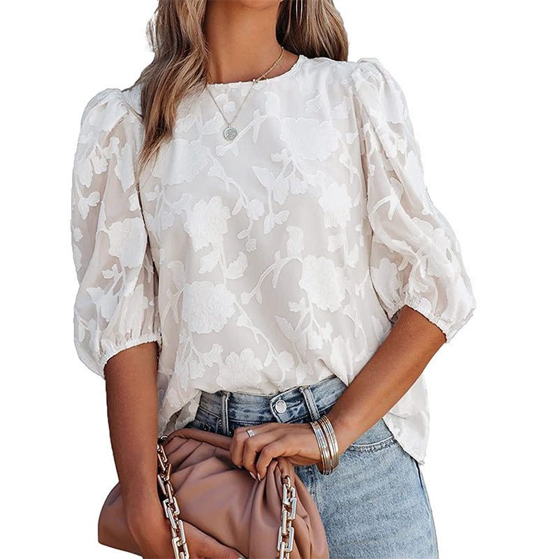 Women's Puff Sleeve Chiffon Loose Top Flower Texture Shirt - StepByStepNow