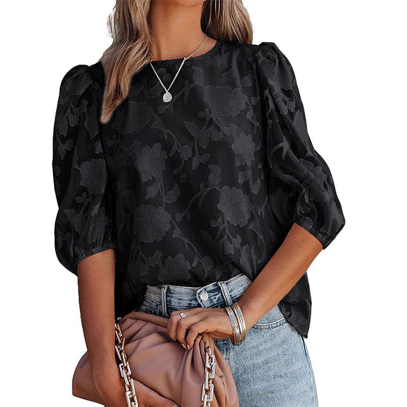 Women's Puff Sleeve Chiffon Loose Top Flower Texture Shirt - StepByStepNow