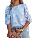 Women's Puff Sleeve Chiffon Loose Top Flower Texture Shirt - StepByStepNow