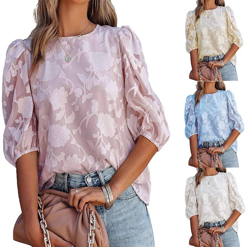 Women's Puff Sleeve Chiffon Loose Top Flower Texture Shirt - StepByStepNow