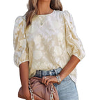 Women's Puff Sleeve Chiffon Loose Top Flower Texture Shirt - StepByStepNow