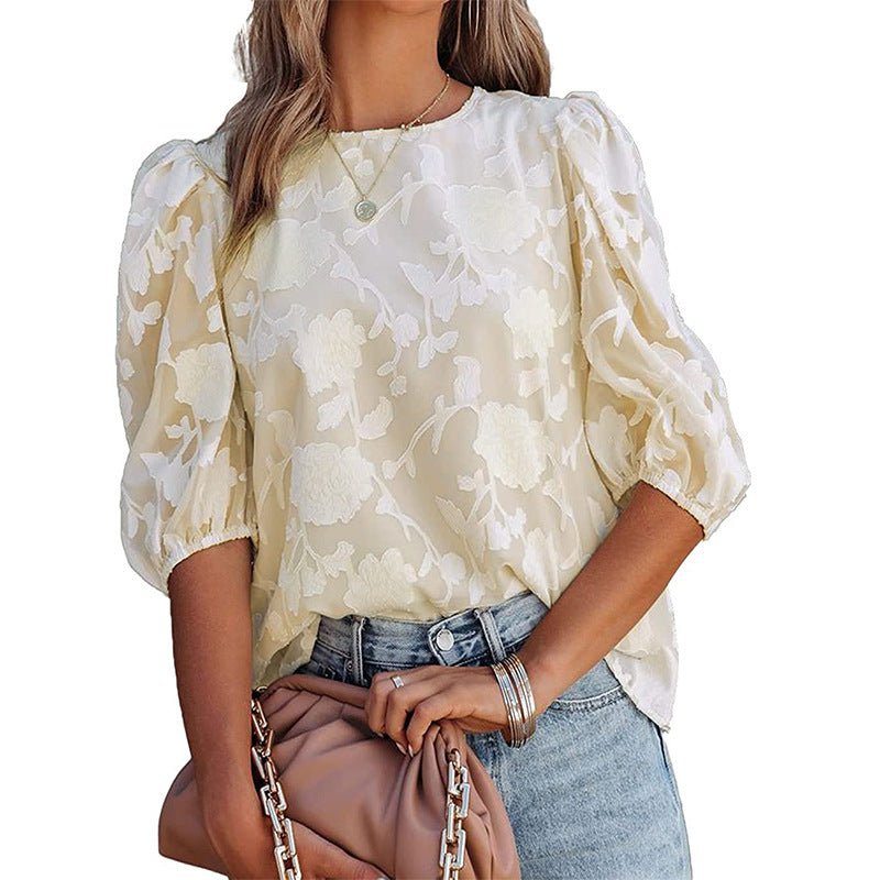 Women's Puff Sleeve Chiffon Loose Top Flower Texture Shirt - StepByStepNow