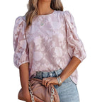 Women's Puff Sleeve Chiffon Loose Top Flower Texture Shirt - StepByStepNow