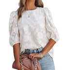 Women's Puff Sleeve Chiffon Loose Top Flower Texture Shirt - StepByStepNow