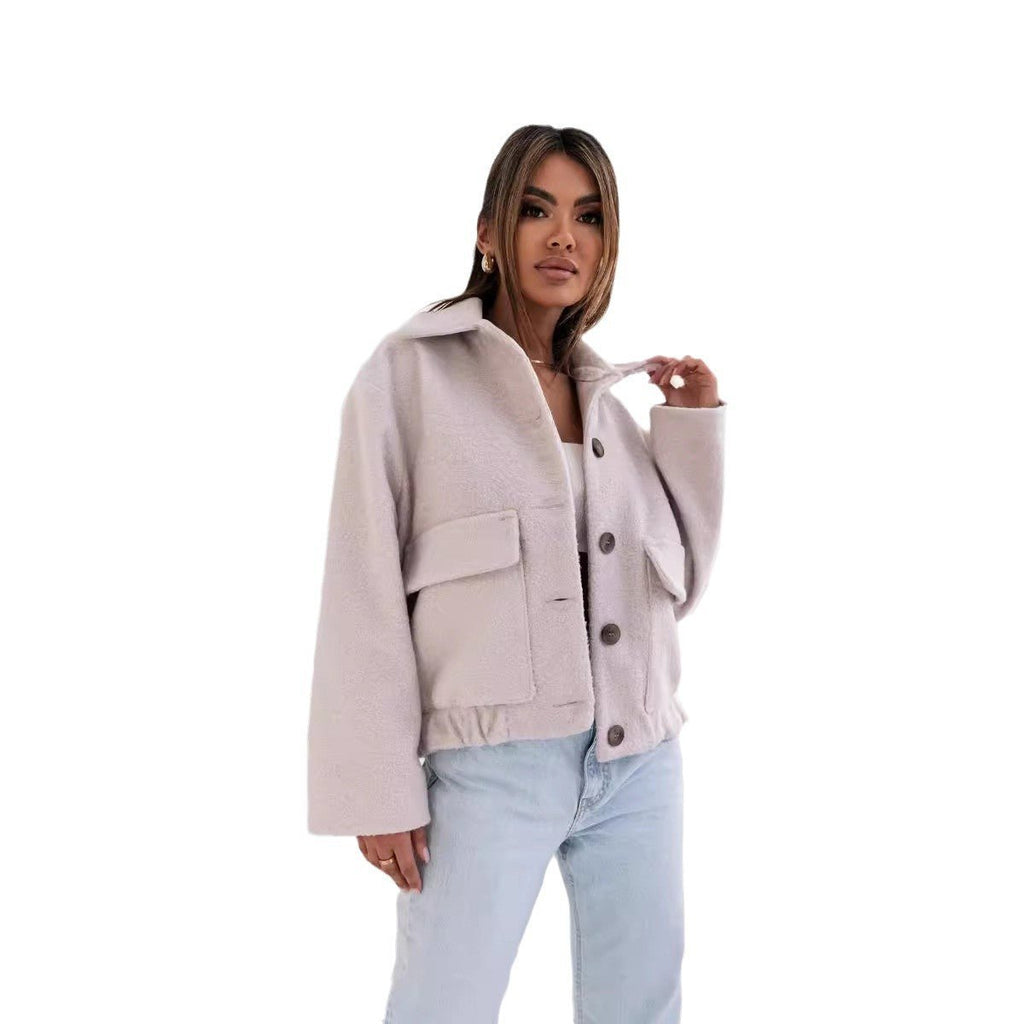 Women's Solid Color Casual Button Woolen Jacket - StepByStepNow