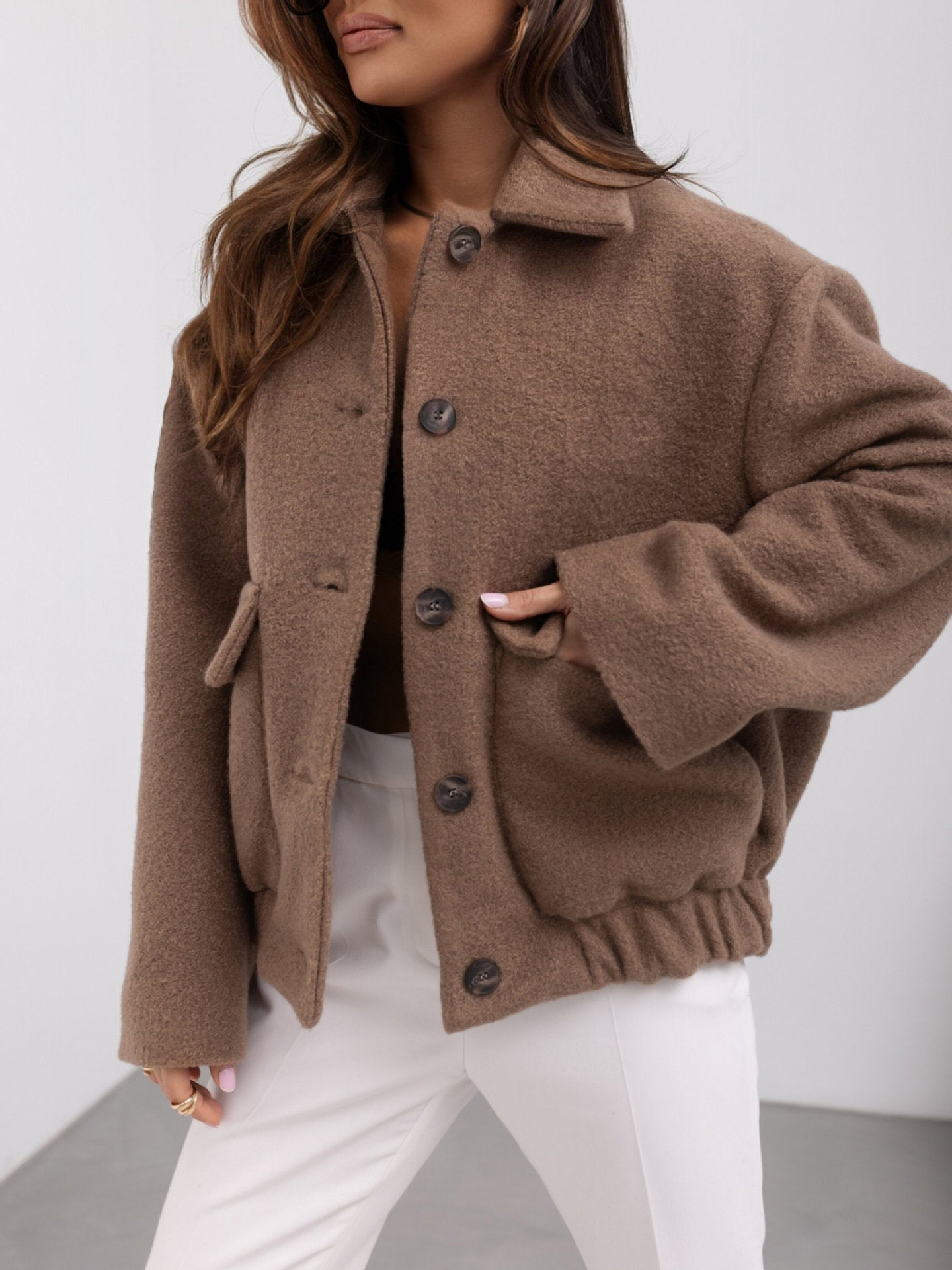 Women's Solid Color Casual Button Woolen Jacket - StepByStepNow