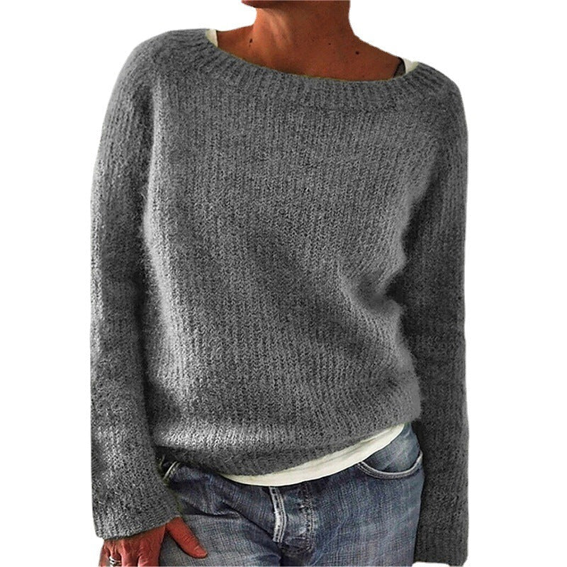 Women's Sweater Solid Color Static Version Basic Style Round Neck - StepByStepNow