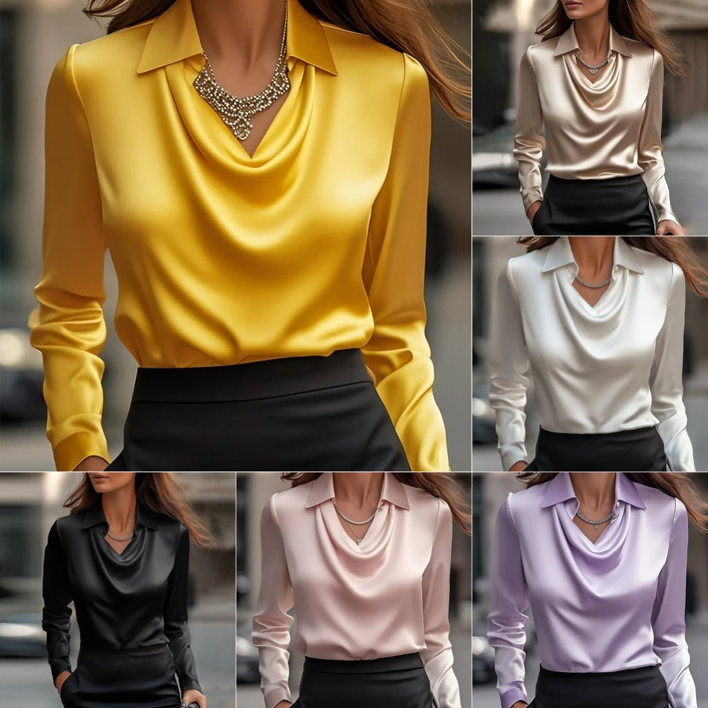 Women's Swing Collar Draped Shirts & Blouses Elegant Solid Satin Office Ladies Top Pullover Spring Long Sleeve Casual Tops - StepByStepNow