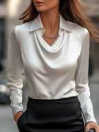Women's Swing Collar Draped Shirts & Blouses Elegant Solid Satin Office Ladies Top Pullover Spring Long Sleeve Casual Tops - StepByStepNow