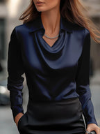 Women's Swing Collar Draped Shirts & Blouses Elegant Solid Satin Office Ladies Top Pullover Spring Long Sleeve Casual Tops - StepByStepNow