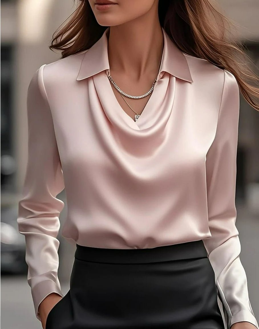 Women's Swing Collar Draped Shirts & Blouses Elegant Solid Satin Office Ladies Top Pullover Spring Long Sleeve Casual Tops - StepByStepNow