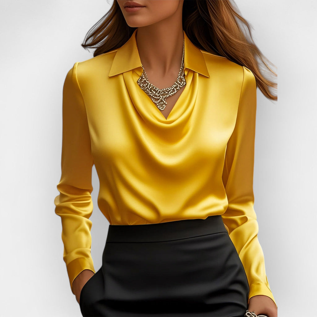 Women's Swing Collar Draped Shirts & Blouses Elegant Solid Satin Office Ladies Top Pullover Spring Long Sleeve Casual Tops - StepByStepNow