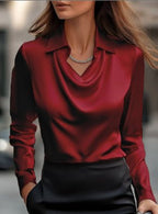 Women's Swing Collar Draped Shirts & Blouses Elegant Solid Satin Office Ladies Top Pullover Spring Long Sleeve Casual Tops - StepByStepNow