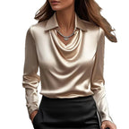 Women's Swing Collar Draped Shirts & Blouses Elegant Solid Satin Office Ladies Top Pullover Spring Long Sleeve Casual Tops - StepByStepNow