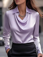 Women's Swing Collar Draped Shirts & Blouses Elegant Solid Satin Office Ladies Top Pullover Spring Long Sleeve Casual Tops - StepByStepNow
