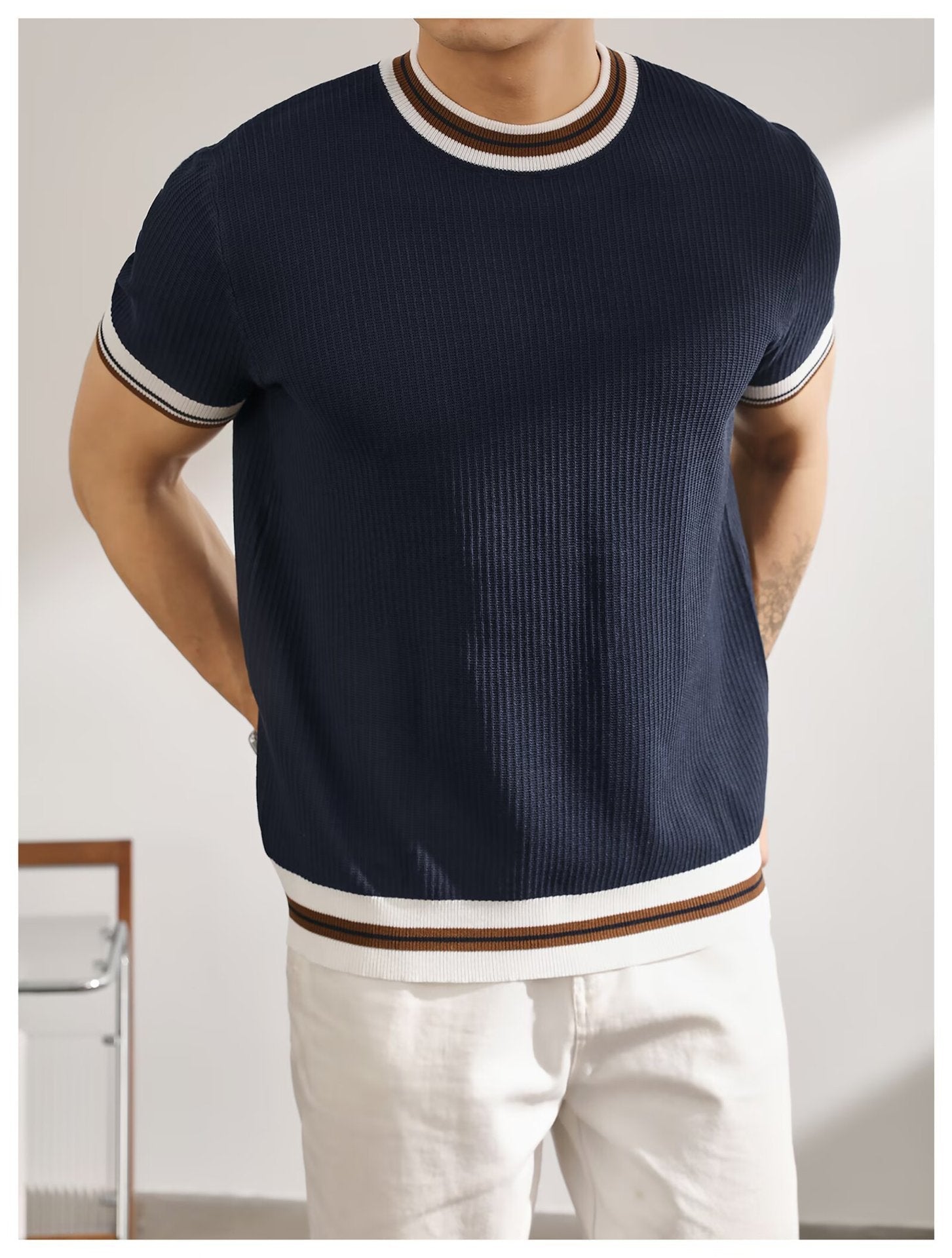 Women's Textured Jacquard Color - Block Knitted T-Shirt - StepByStepNow