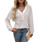 Women's V - neck Buttons Pullover Patchwork Casual Long - sleeved Top - StepByStepNow