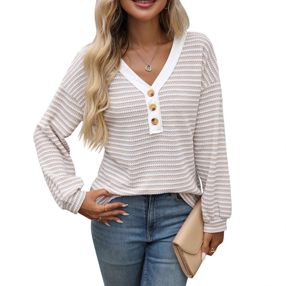 Women's V - neck Buttons Pullover Patchwork Casual Long - sleeved Top - StepByStepNow