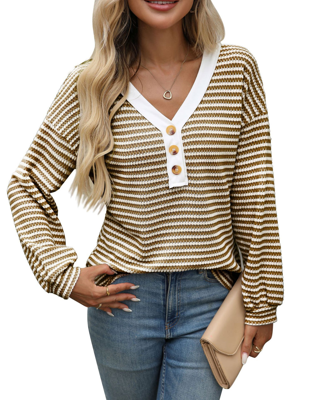 Women's V - neck Buttons Pullover Patchwork Casual Long - sleeved Top - StepByStepNow