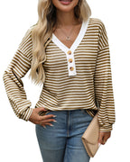 Women's V - neck Buttons Pullover Patchwork Casual Long - sleeved Top - StepByStepNow