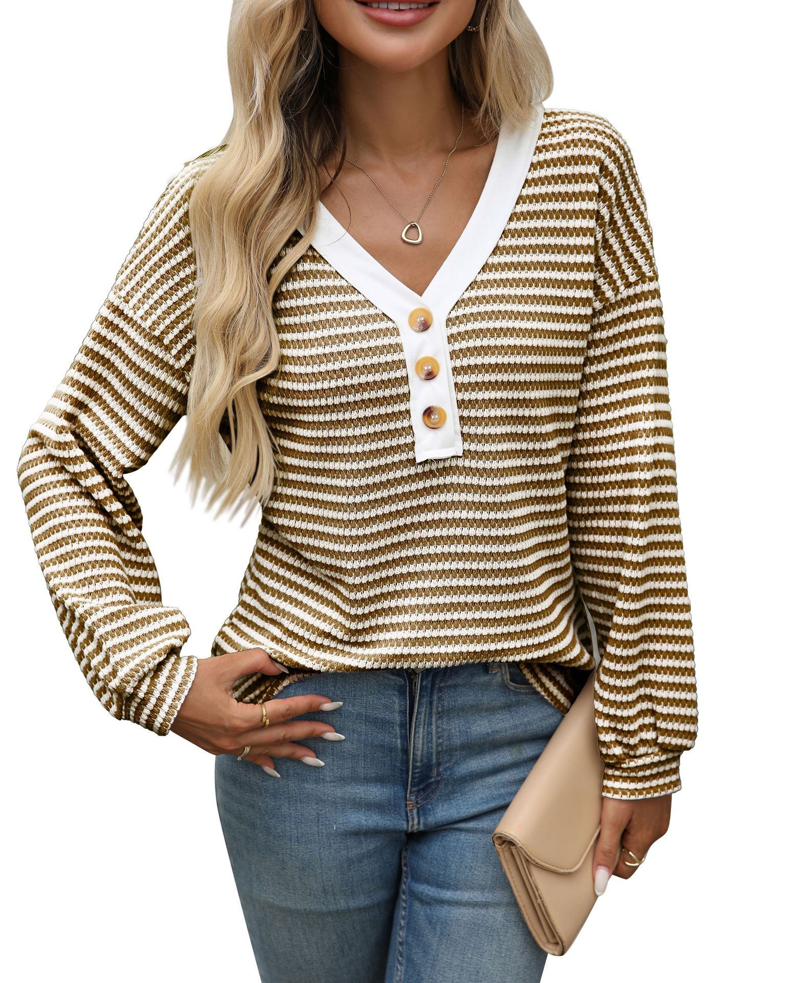 Women's V - neck Buttons Pullover Patchwork Casual Long - sleeved Top - StepByStepNow