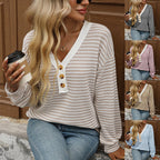 Women's V - neck Buttons Pullover Patchwork Casual Long - sleeved Top - StepByStepNow