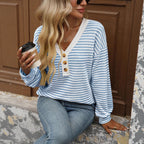 Women's V - neck Buttons Pullover Patchwork Casual Long - sleeved Top - StepByStepNow