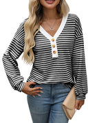 Women's V - neck Buttons Pullover Patchwork Casual Long - sleeved Top - StepByStepNow
