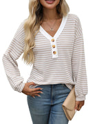 Women's V - neck Buttons Pullover Patchwork Casual Long - sleeved Top - StepByStepNow