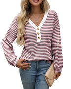 Women's V - neck Buttons Pullover Patchwork Casual Long - sleeved Top - StepByStepNow
