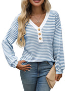 Women's V - neck Buttons Pullover Patchwork Casual Long - sleeved Top - StepByStepNow