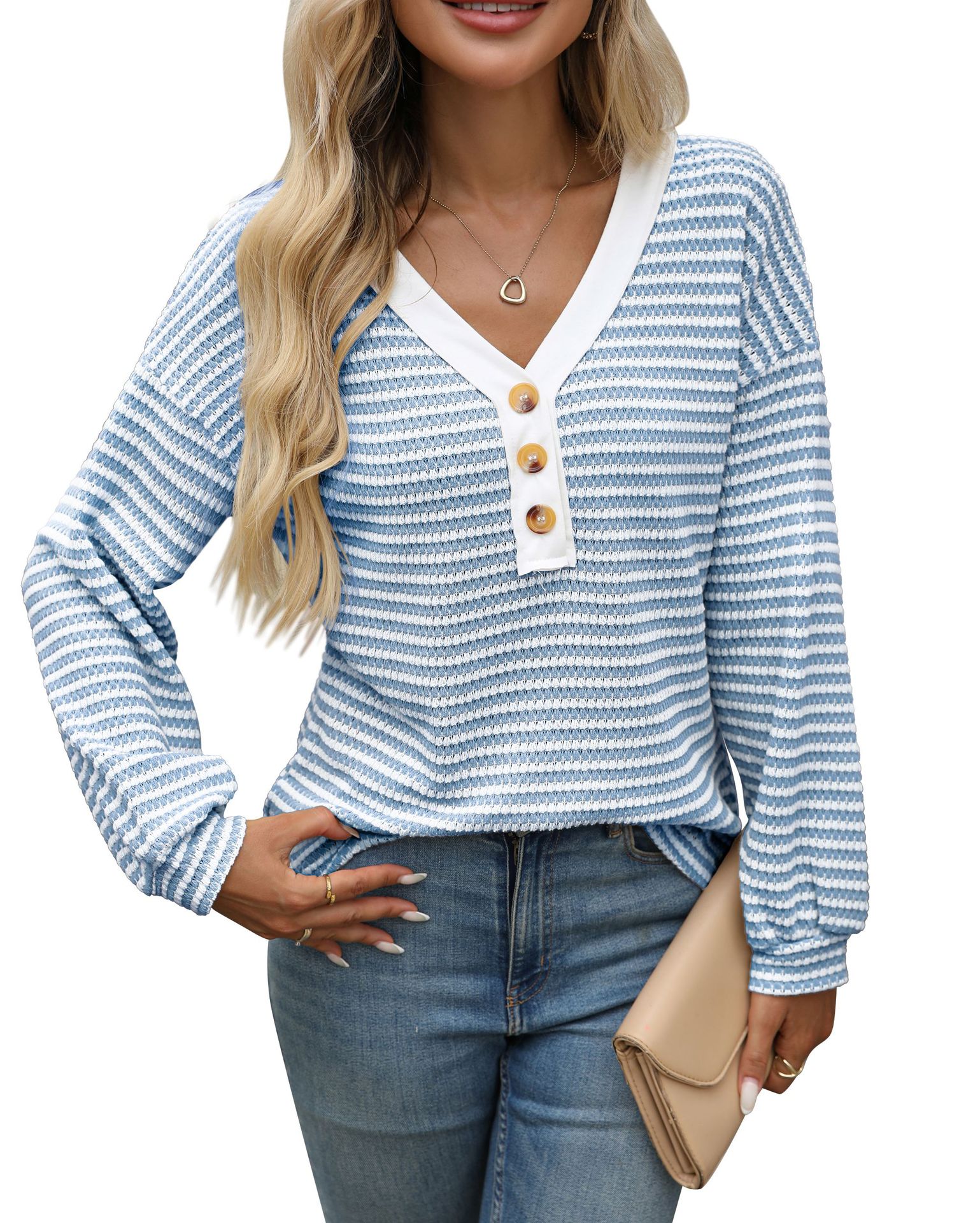 Women's V - neck Buttons Pullover Patchwork Casual Long - sleeved Top - StepByStepNow