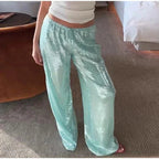 Women's Y2K Sequined Straight Pants - High Waist Wide Leg - StepByStepNow
