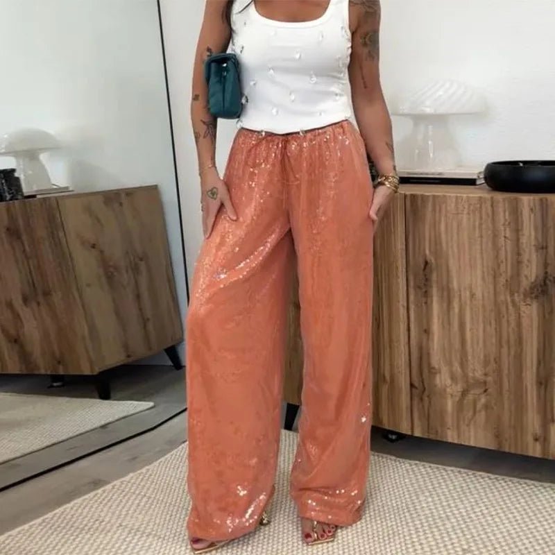 Women's Y2K Sequined Straight Pants - High Waist Wide Leg - StepByStepNow