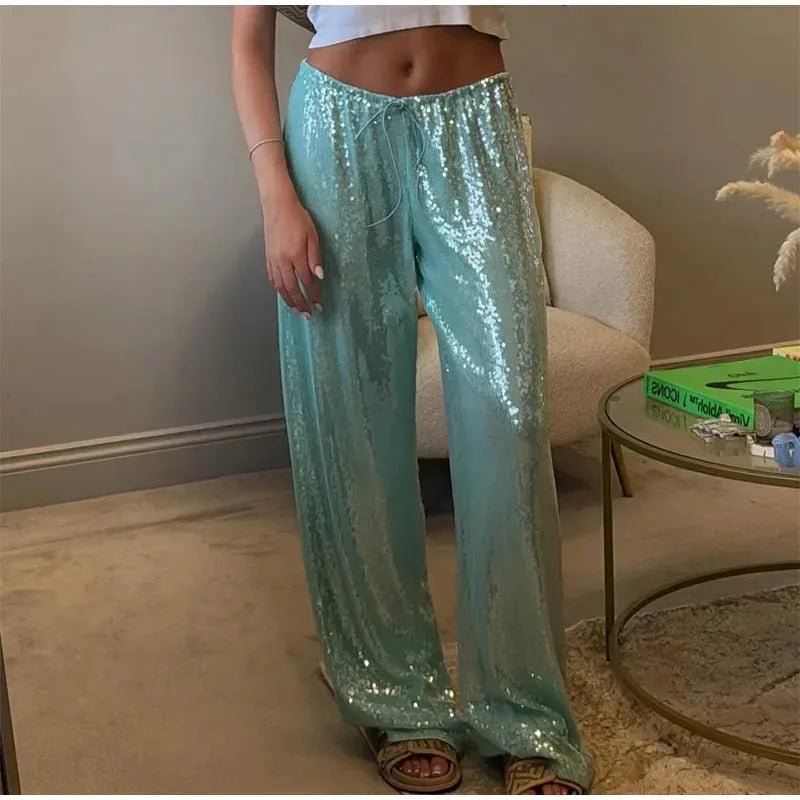 Women's Y2K Sequined Straight Pants - High Waist Wide Leg - StepByStepNow