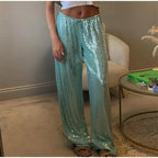 Women's Y2K Sequined Straight Pants - High Waist Wide Leg - StepByStepNow