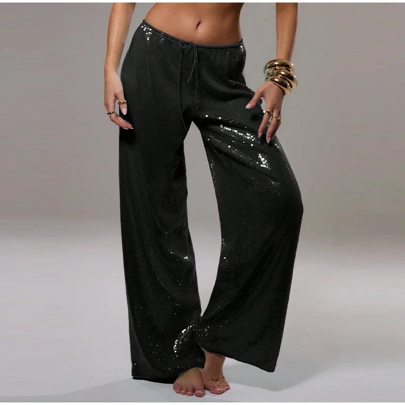 Women's Y2K Sequined Straight Pants - High Waist Wide Leg - StepByStepNow