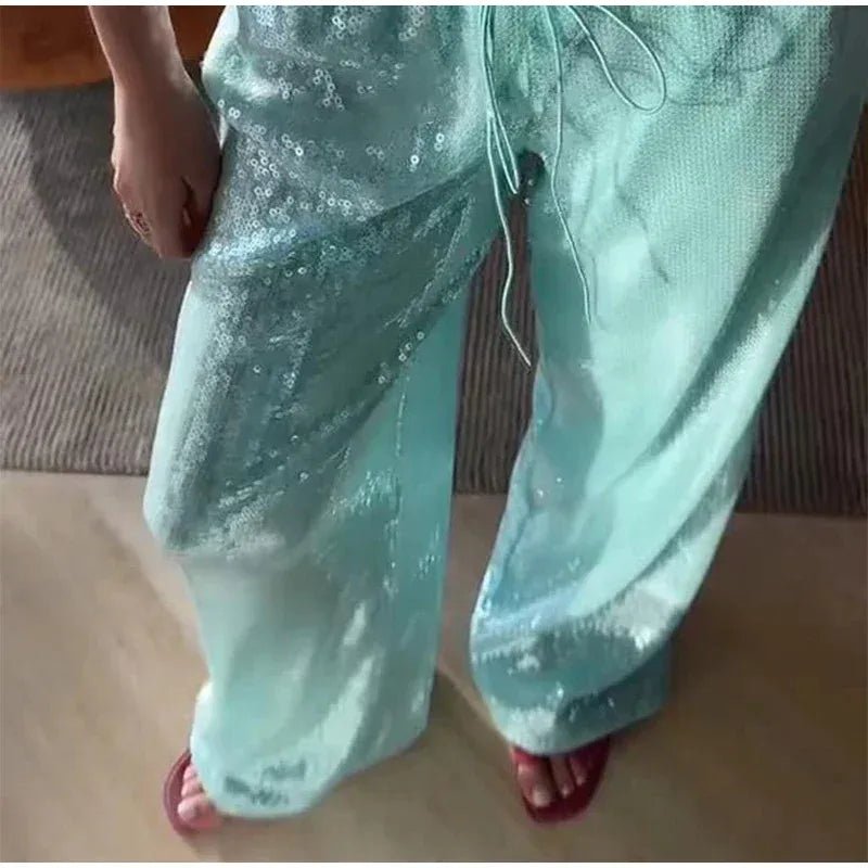 Women's Y2K Sequined Straight Pants - High Waist Wide Leg - StepByStepNow