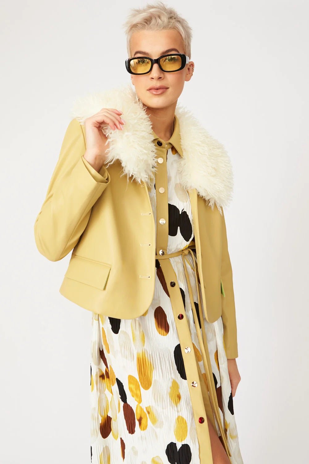 Yellow Faux Leather Jacket With Faux Shearling Collar - StepByStep